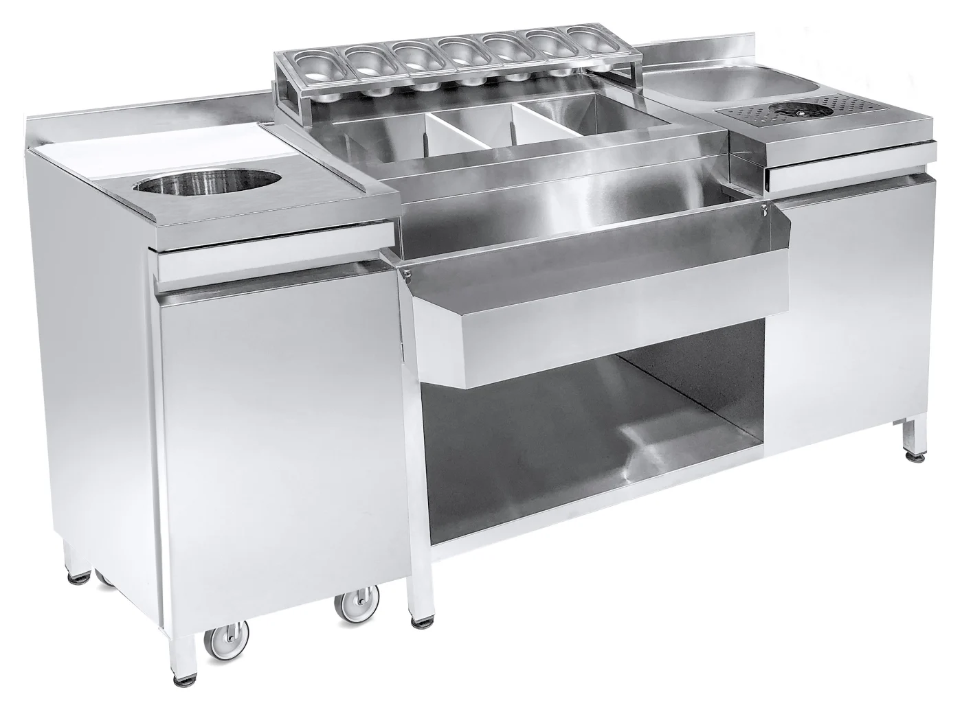 Cocktail BAR Station Incl. Sink, Glass Rinser, GN Containers, Speedrail For Bottles, Cutting Board And Waste BIN